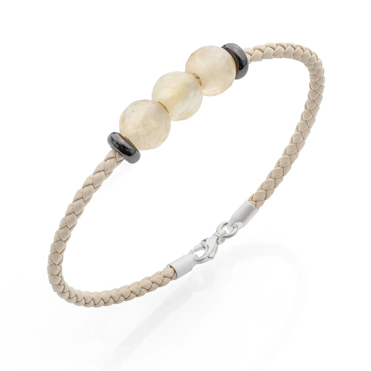 b.yours – Nahaufnahme Citrin 925 Silber, Lederarmband Beige, Unisex