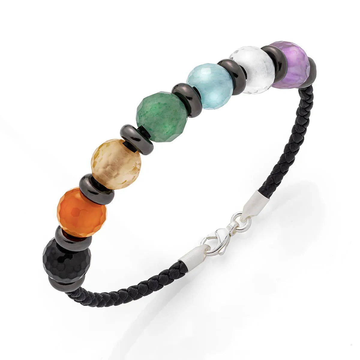 b.yours IN MOVE Lederarmband 7 Chakra Schwarz – 925 Silber, Unisex