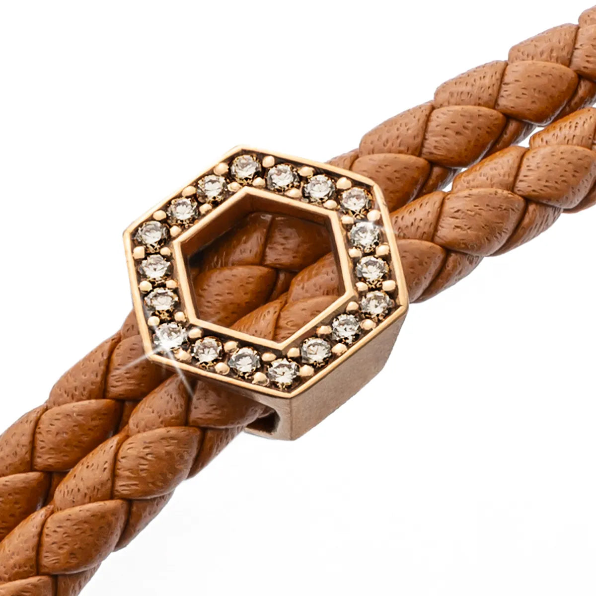 b.yours IN SPARKLE BALANCE 3D – Nahaufnahme Hexagon Diamant 750 Roségold, Lederarmband Hellbraun, Unisex