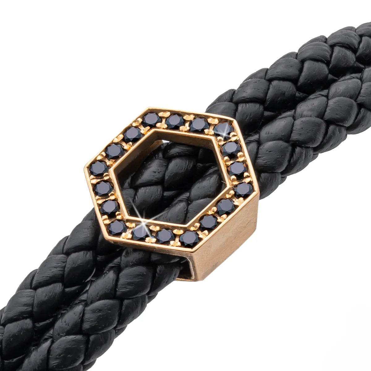 b.yours IN SPARKLE BALANCE 3D – Nahaufnahme Hexagon Diamant 750 Roségold, Lederarmband Schwarz, Unisex