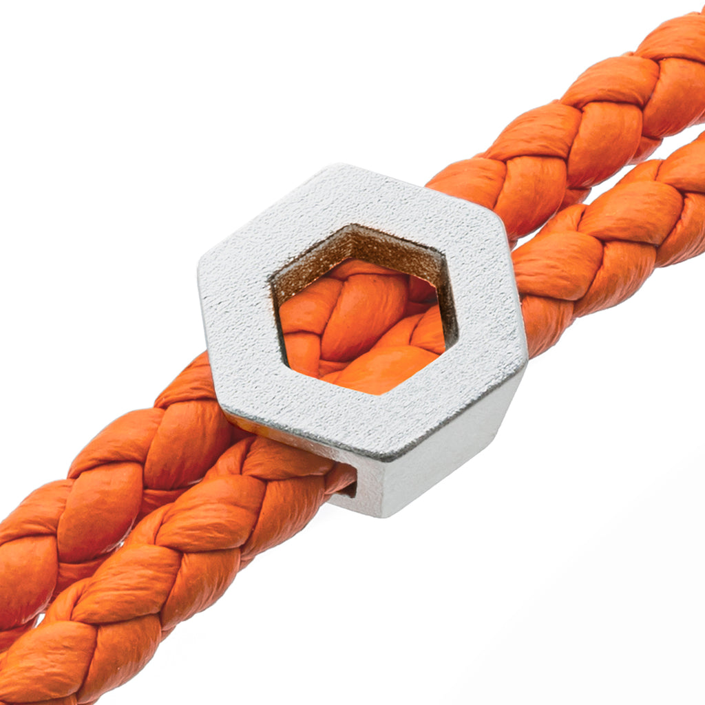 b.yours IN FREE BALANCE 3D – Nahaufnahme Hexagon 925 Silber, Lederarmband Orange, Unisex