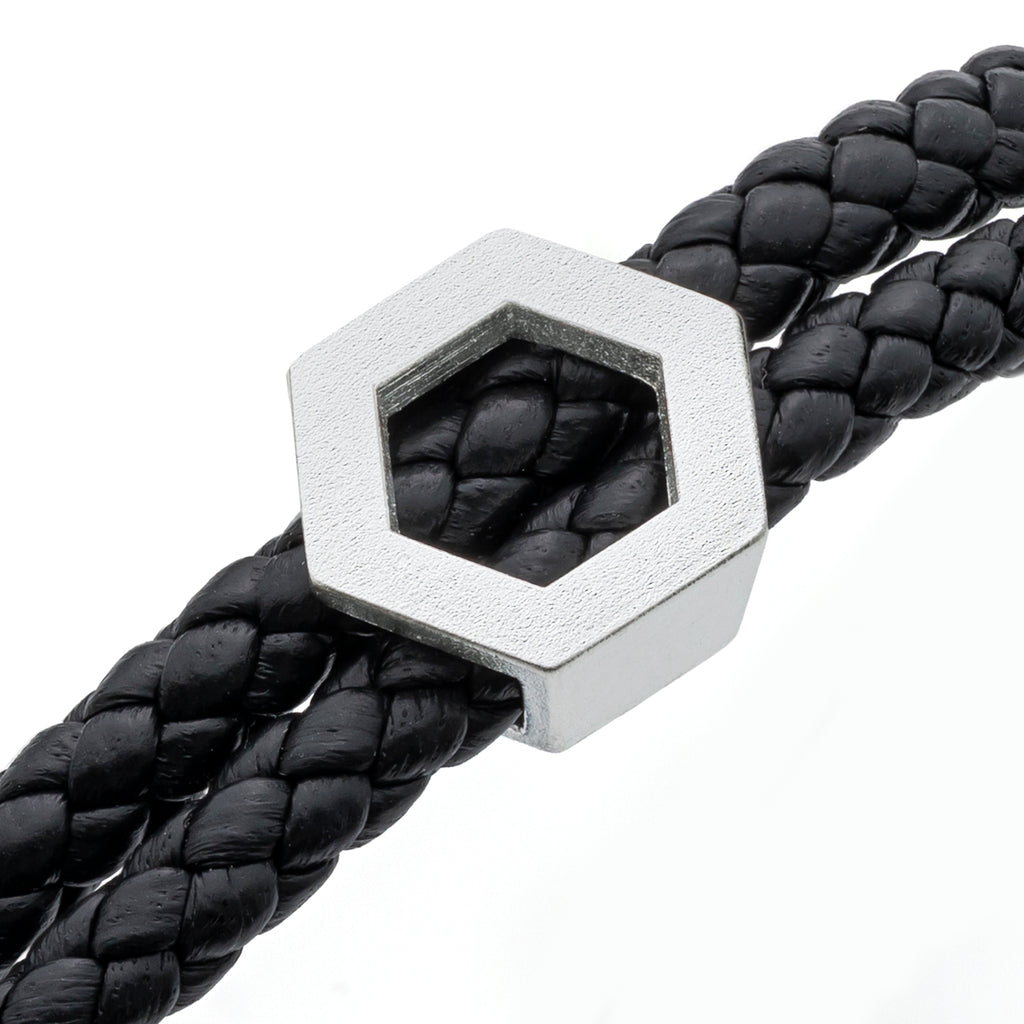 b.yours IN FREE BALANCE 3D – Nahaufnahme Hexagon 925 Silber, Lederarmband Schwarz, Unisex