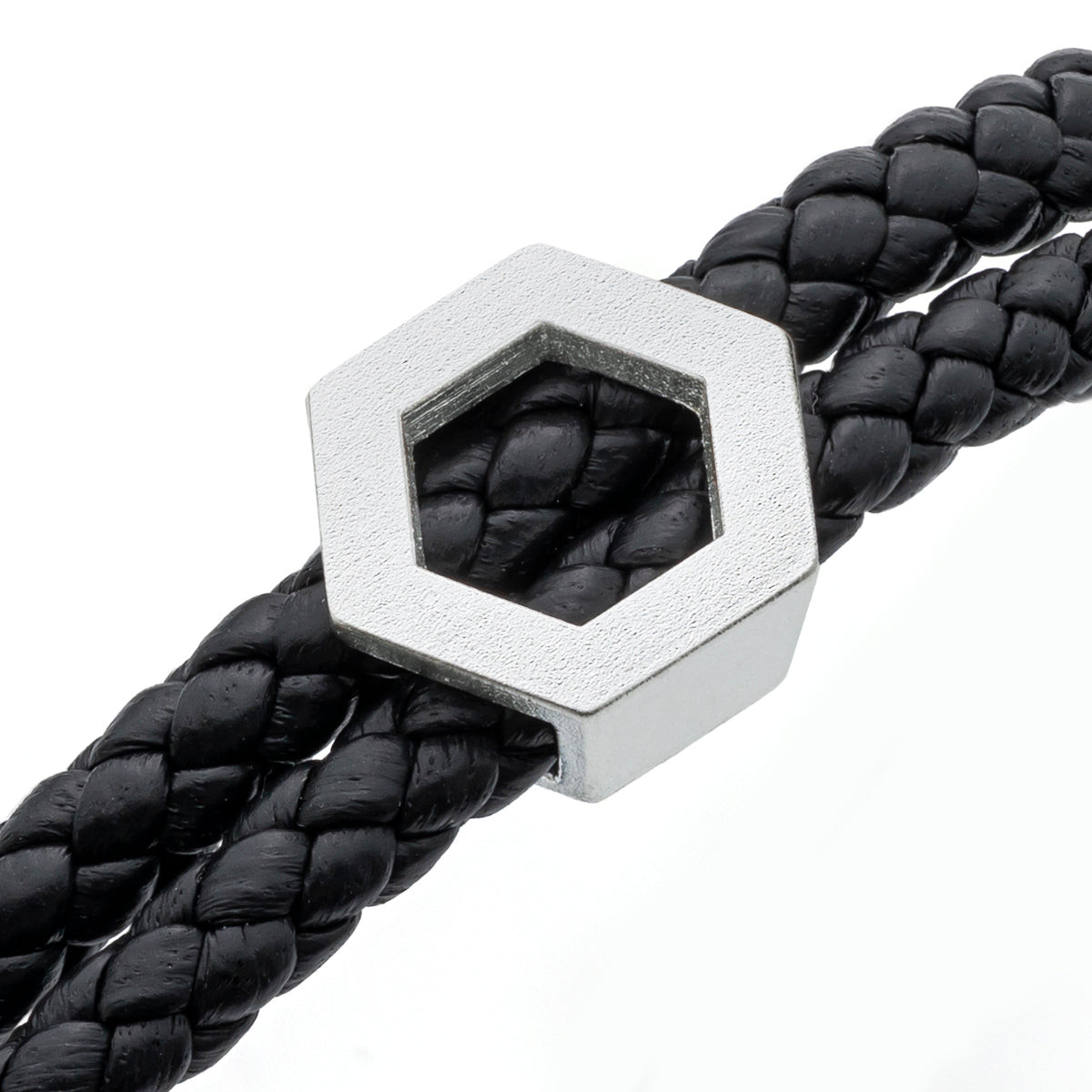 b.yours IN FREE BALANCE 3D – Nahaufnahme Hexagon 925 Silber, Lederarmband Schwarz, Unisex