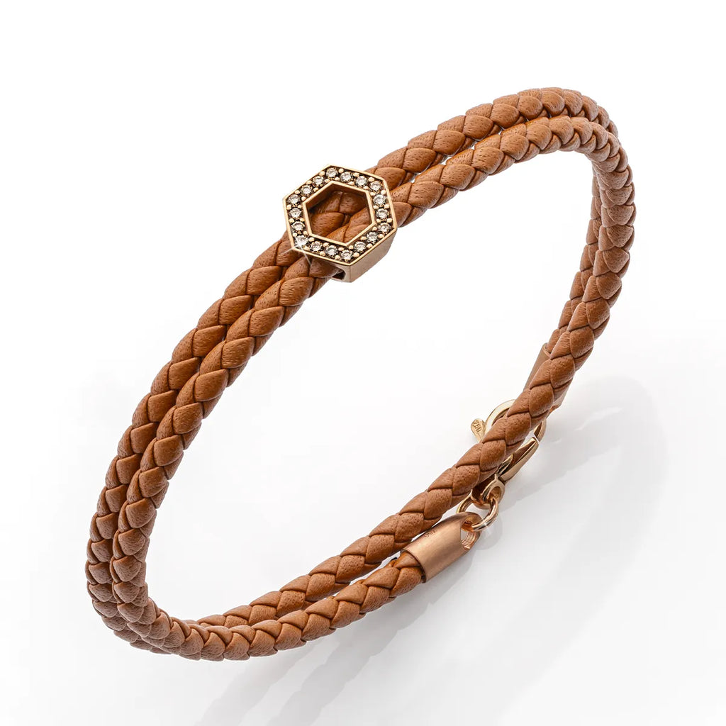 b.yours IN SPARKLE BALANCE 3D Lederarmband Hexagon Diamant Hellbraun – 750 Roségold, Unisex