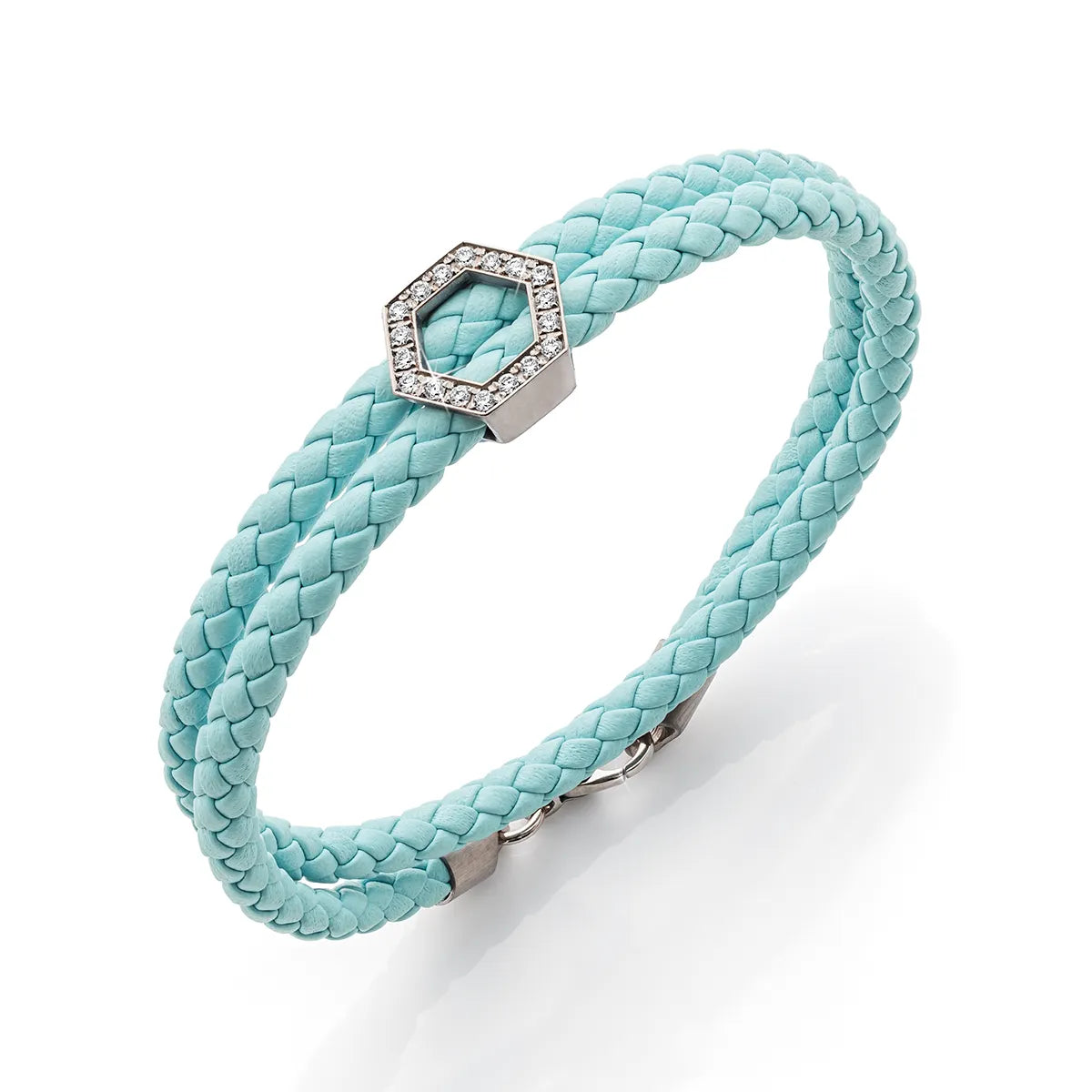 b.yours IN SPARKLE BALANCE 3D Lederarmband Hexagon Diamant Lachs – 750 Weißgold, Unisex