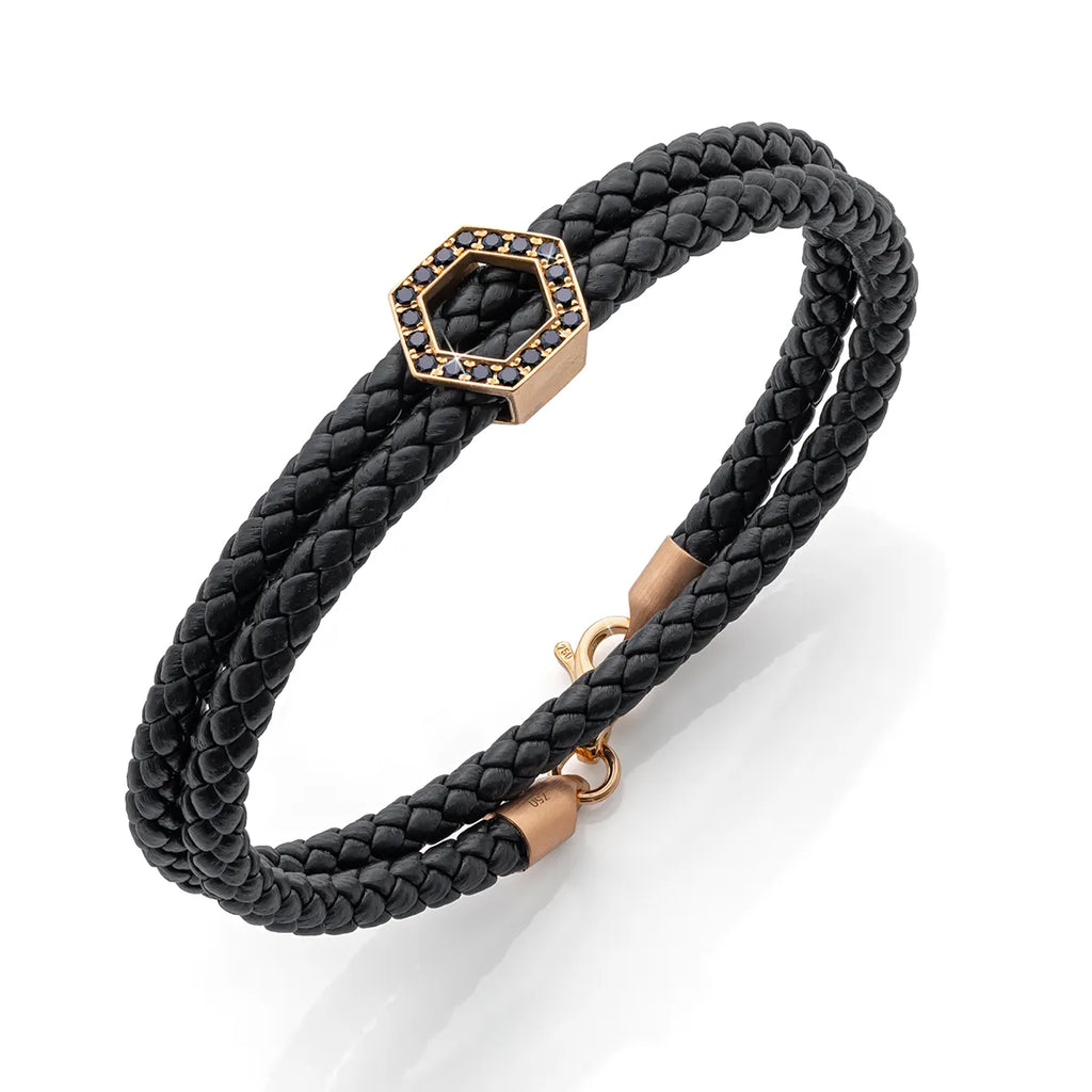 b.yours IN SPARKLE BALANCE 3D Lederarmband Hexagon Diamant Schwarz – 750 Roségold, Unisex