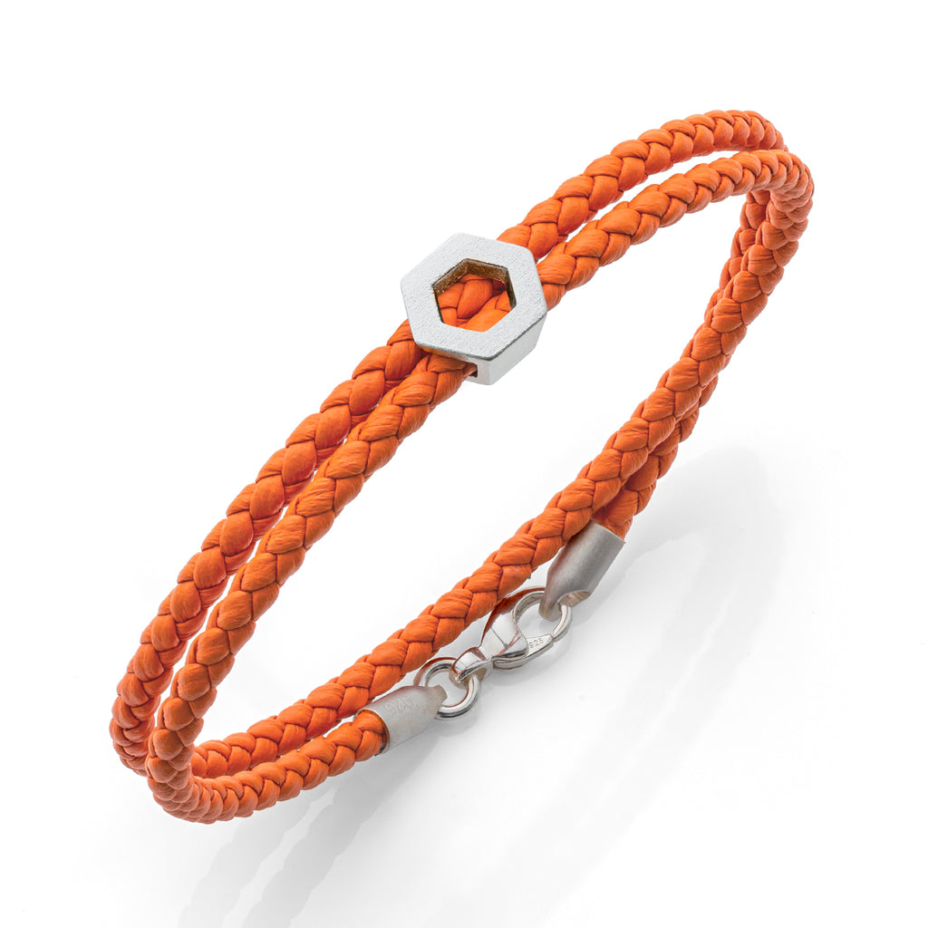 b.yours IN FREE BALANCE 3D Lederarmband Hexagon Orange – 925 Silber, Unisex