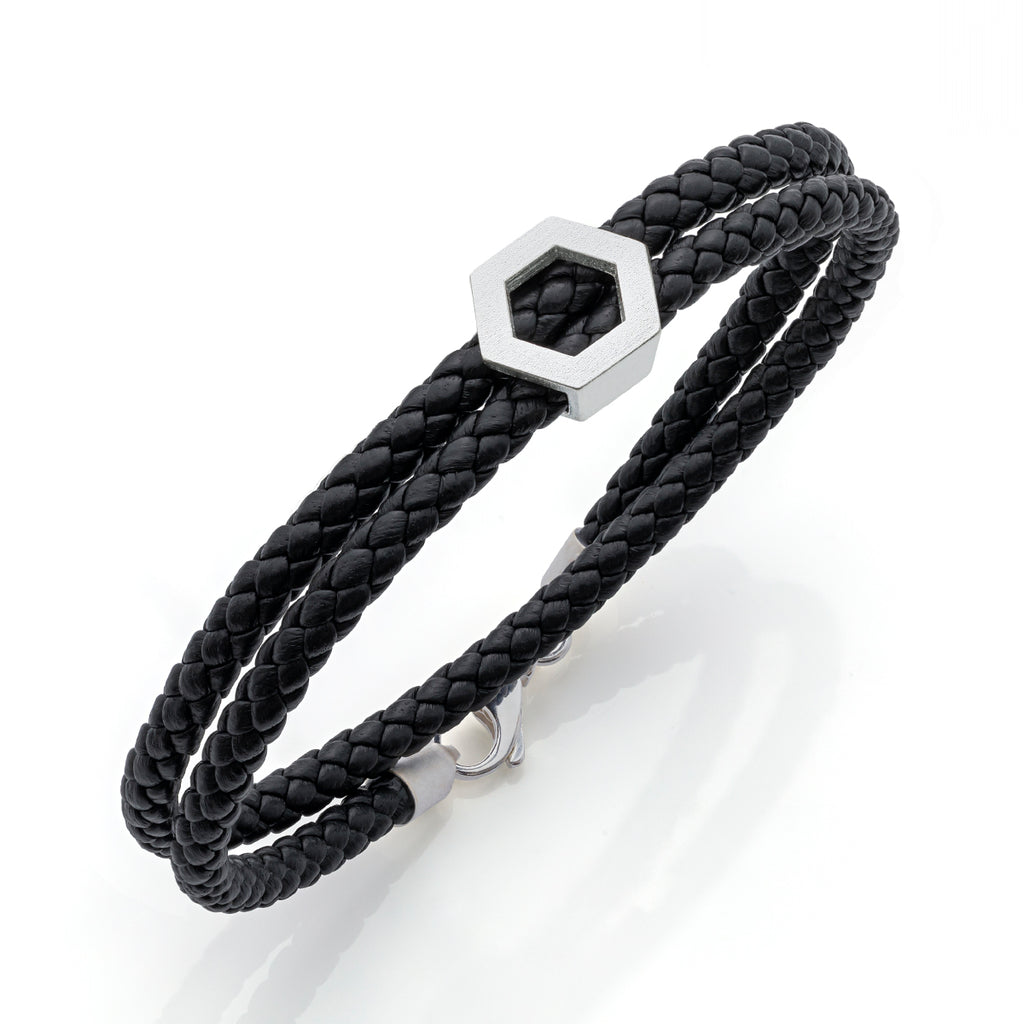 b.yours IN FREE BALANCE 3D Lederarmband Hexagon Schwarz – 925 Silber, Unisex