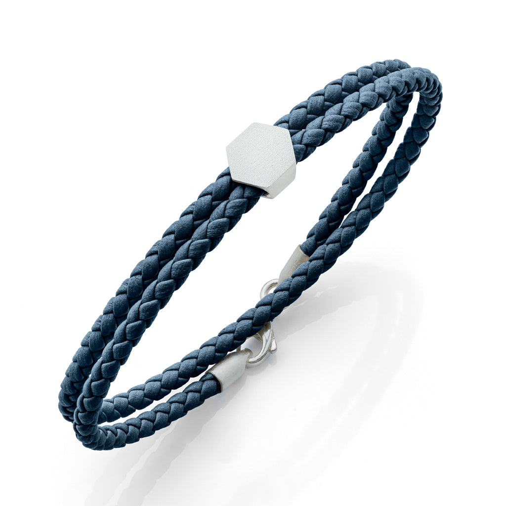 b.yours IN PURE BALANCE 3D Lederarmband Hexagon Blau – 925 Silber, Unisex